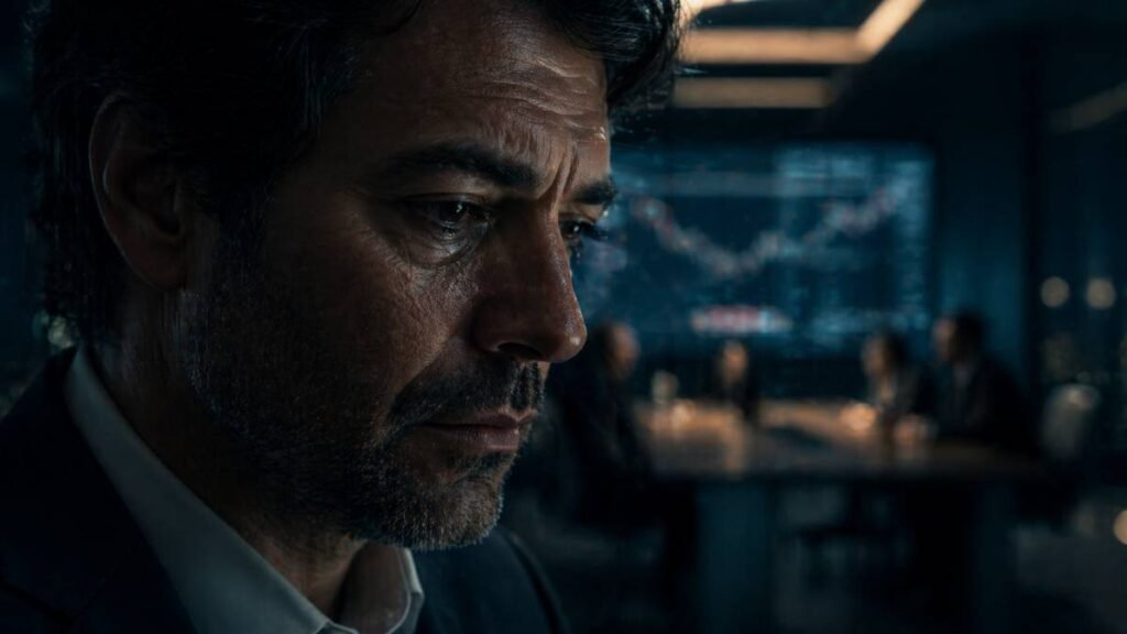 Close-up no rosto de um executivo exausto, ilustrando o impacto do estresse ocupacional e dos riscos psicossociais no trabalho.