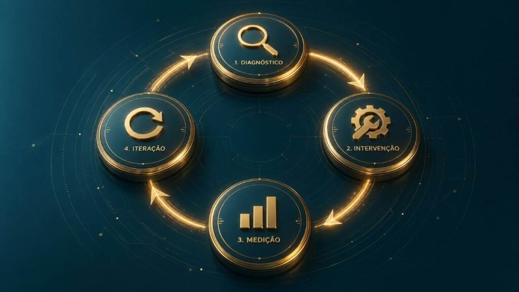 Infográfico do framework de 4 etapas para gestão dos riscos psicossociais no trabalho: Diagnóstico, Intervenção, Medição e Iteração.