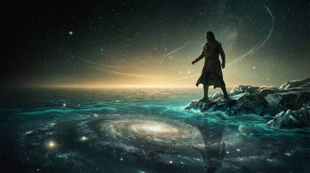 Uma figura humana em pé à beira de um oceano cósmico que reflete as estrelas, olhando com propósito para um horizonte iluminado, simbolizando esperança e responsabilidade.