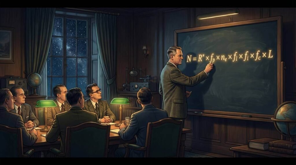 O astrônomo Frank Drake escrevendo sua famosa equação em um quadro-negro iluminado, com outros cientistas observando atentamente.