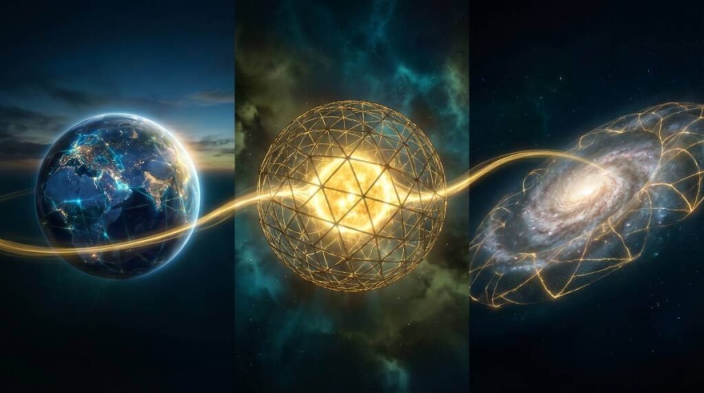 Três painéis mostrando a evolução tecnológica: uma Terra iluminada (Tipo I), uma Esfera de Dyson ao redor de uma estrela (Tipo II) e uma galáxia inteira colhendo energia (Tipo III).