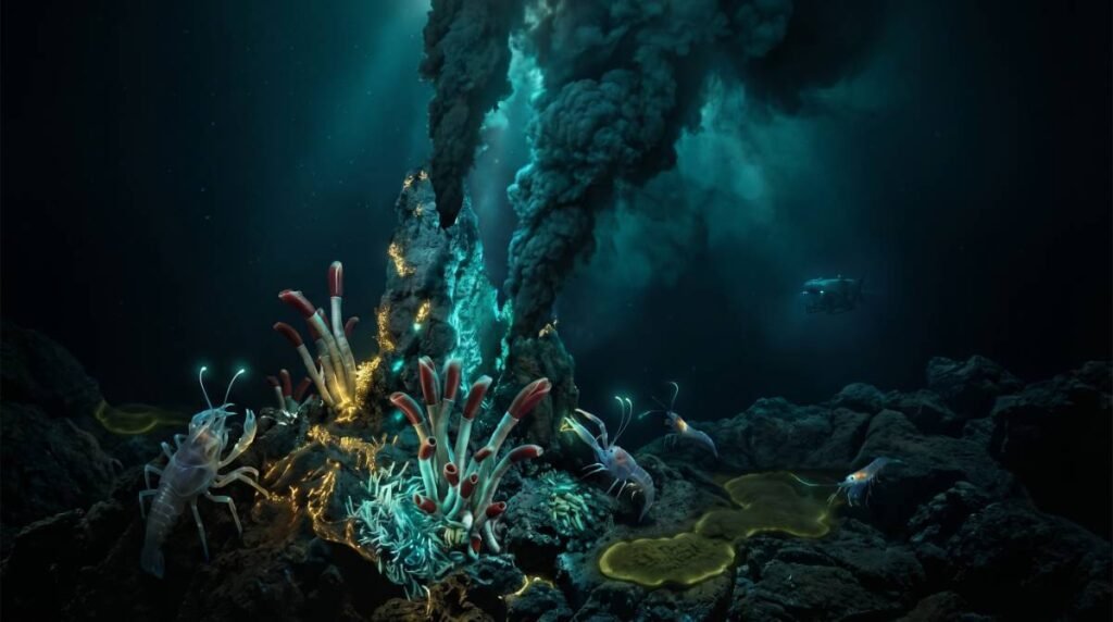 Um ecossistema vibrante de criaturas e bactérias bioluminescentes prosperando ao redor de uma fonte hidrotermal superaquecida no fundo escuro do oceano.