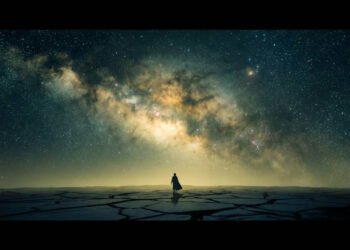 Ilustração cinematográfica de uma silhueta humana solitária observando um céu noturno vasto e repleto de estrelas e galáxias, representando o Paradoxo de Fermi.