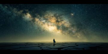 Ilustração cinematográfica de uma silhueta humana solitária observando um céu noturno vasto e repleto de estrelas e galáxias, representando o Paradoxo de Fermi.