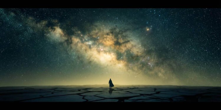 Ilustração cinematográfica de uma silhueta humana solitária observando um céu noturno vasto e repleto de estrelas e galáxias, representando o Paradoxo de Fermi.