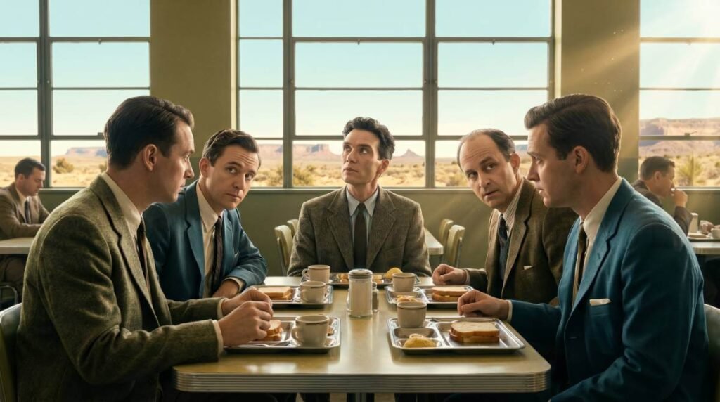 Enrico Fermi e outros físicos em um refeitório na década de 1950, no momento em que ele formula a famosa pergunta: "Onde está todo mundo?".