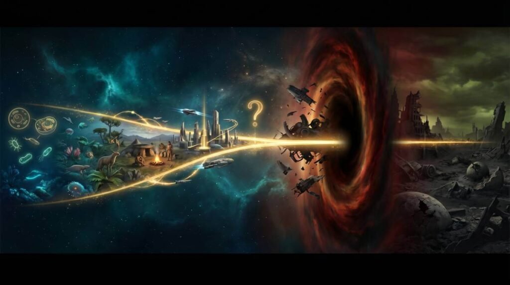 Uma linha do tempo cósmica mostrando a evolução da vida, interrompida por uma barreira escura e destrutiva (o Grande Filtro), com ruínas de um lado e um ponto de interrogação do outro.