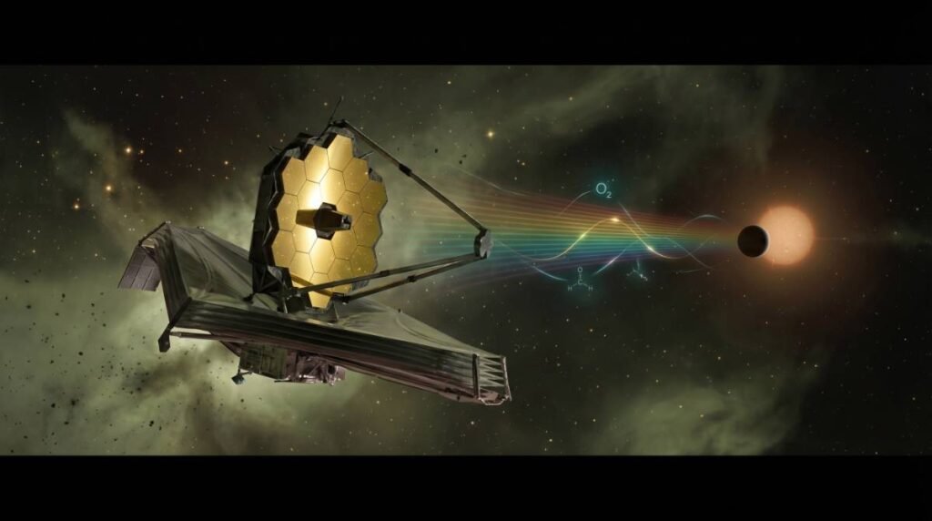 O Telescópio Espacial James Webb no espaço, analisando o espectro de luz da atmosfera de um exoplaneta distante em busca de bioassinaturas químicas.