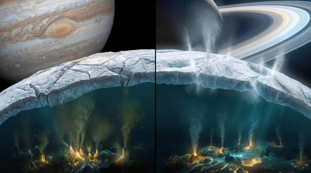 Visão em corte das luas geladas Europa e Encélado, revelando vastos oceanos de água líquida e fontes hidrotermais sob suas crostas de gelo.