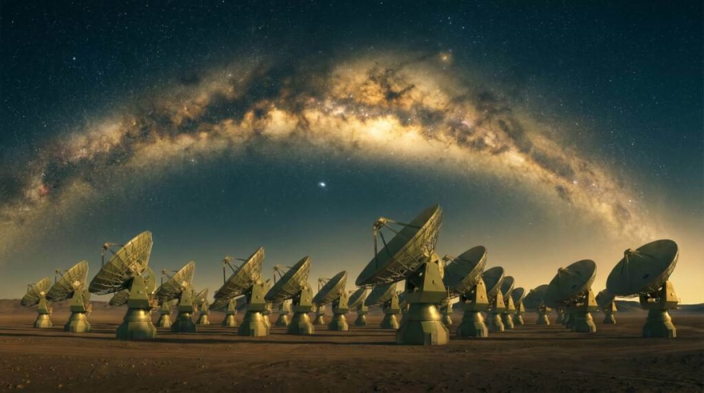 Uma grande matriz de antenas de radiotelescópios apontadas para um céu noturno espetacular com a Via Láctea, escutando sinais alienígenas.