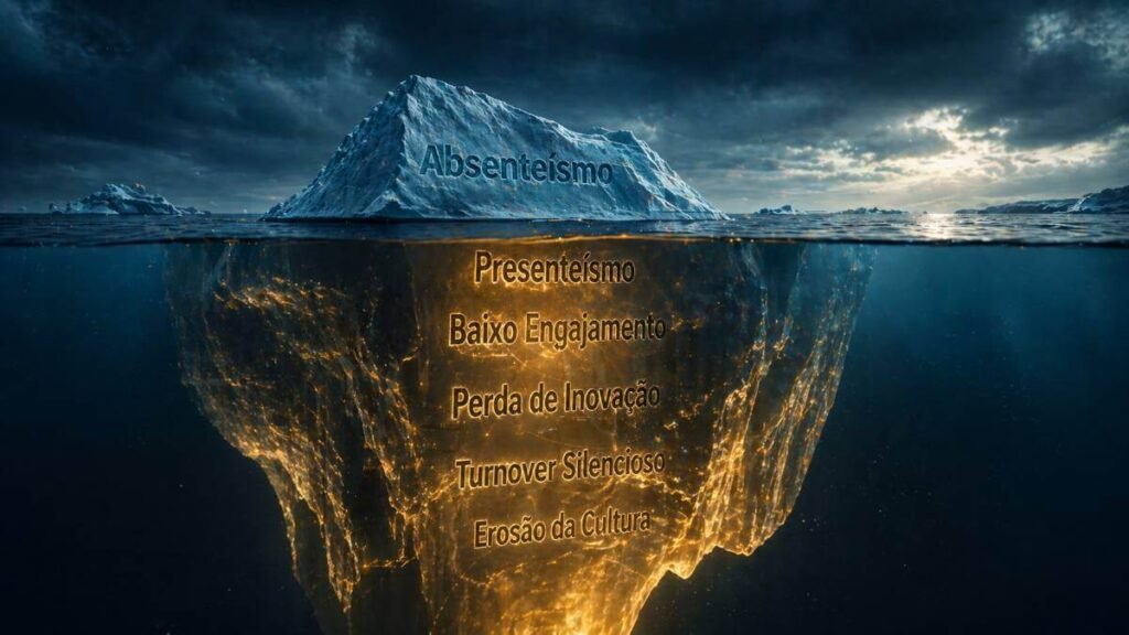 O iceberg dos riscos psicossociais no trabalho, mostrando que os custos invisíveis como presenteísmo e baixo engajamento são muito maiores que o absenteísmo.
