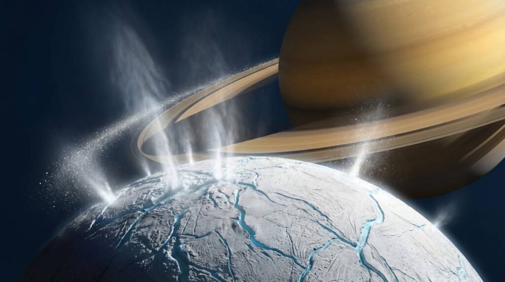 Gêiseres gigantes de vapor de água e gelo entrando em erupção a partir das fissuras no polo sul da lua Encélado, com os anéis de Saturno ao fundo.