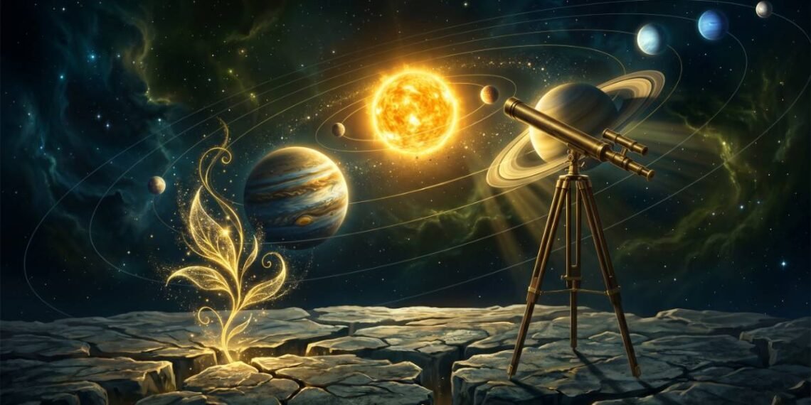 Ilustração cinematográfica sobre as curiosidades do Sistema Solar visto como um jardim cósmico, com uma planta dourada brilhante crescendo em um solo rochoso e um telescópio apontando para os planetas.