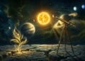 Ilustração cinematográfica sobre as curiosidades do Sistema Solar visto como um jardim cósmico, com uma planta dourada brilhante crescendo em um solo rochoso e um telescópio apontando para os planetas.