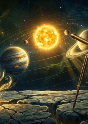 Ilustração cinematográfica sobre as curiosidades do Sistema Solar visto como um jardim cósmico, com uma planta dourada brilhante crescendo em um solo rochoso e um telescópio apontando para os planetas.