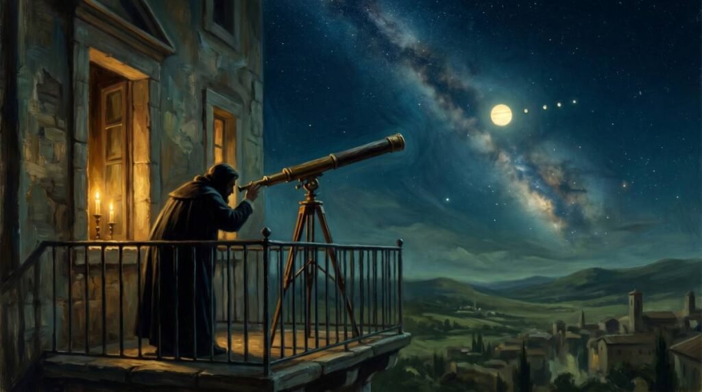 Silhueta de Galileu Galilei em uma varanda na Itália renascentista, observando o planeta Júpiter e suas luas através de um telescópio rudimentar.