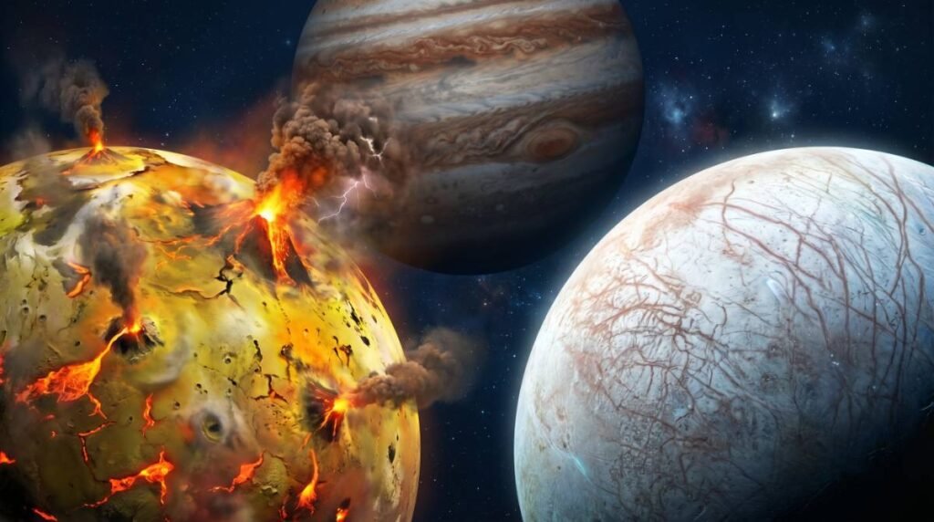 Imagem dividida mostrando o contraste extremo entre a lua vulcânica Io, coberta de lava, e a lua gelada Europa, com sua superfície rachada, ambas orbitando Júpiter.