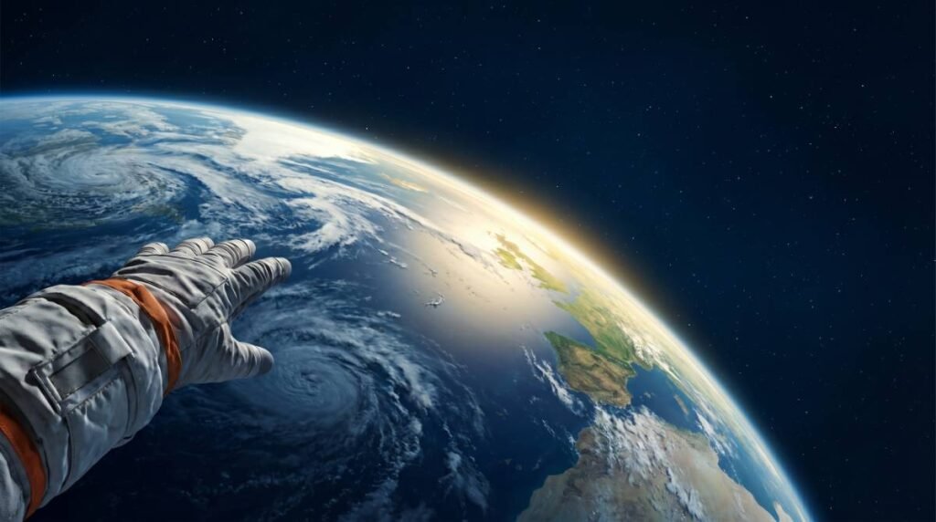 A Terra vista do espaço, um belo globo azul e branco flutuando na escuridão infinita, com a luva de um traje espacial em primeiro plano.