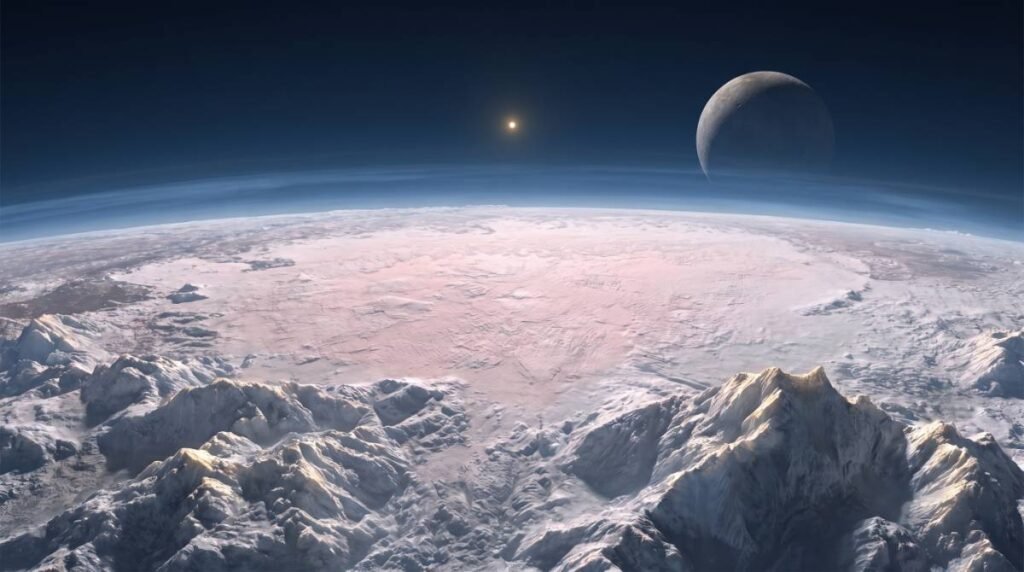 Superfície de Plutão mostrando montanhas de gelo de água e a vasta planície de nitrogênio congelado conhecida como Tombaugh Regio.