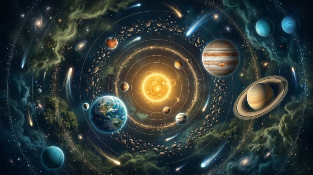 Visão superior artística do Sistema Solar, com o Sol brilhando no centro e os planetas orbitando em caminhos que lembram um jardim cósmico.