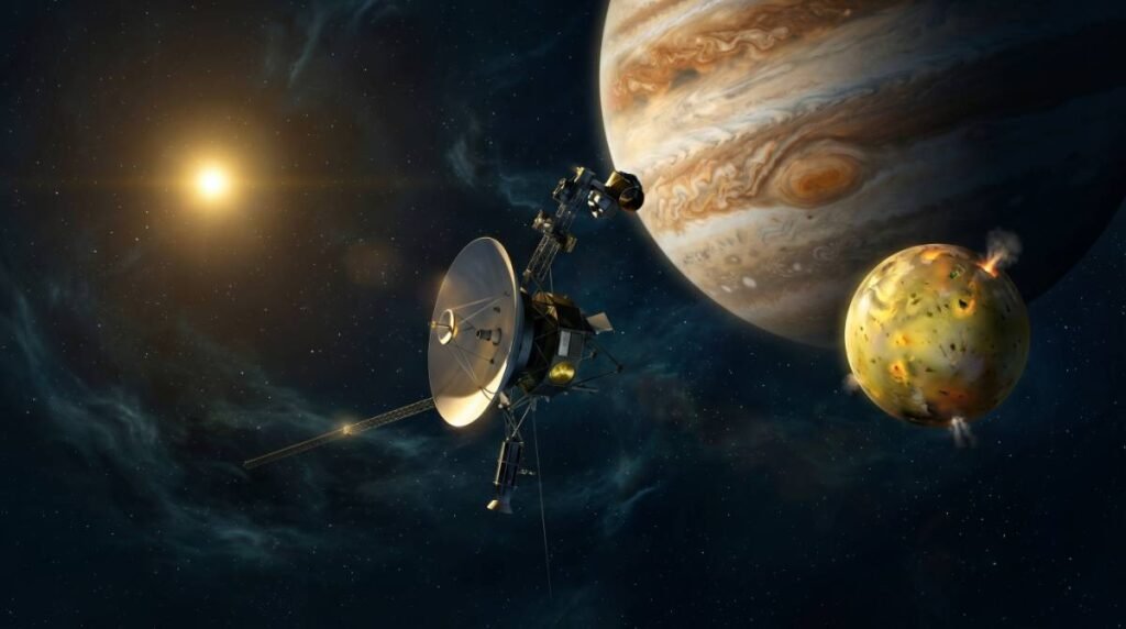 A sonda espacial Voyager voando pelo espaço profundo, com o planeta Júpiter e sua lua vulcânica Io visíveis ao fundo.