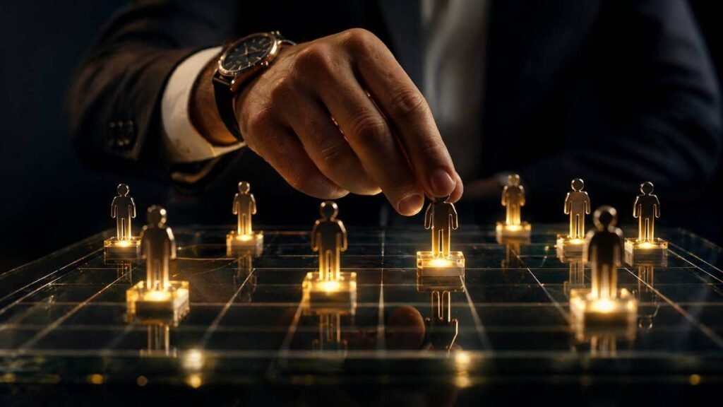 O líder como um arquiteto de talentos, movendo peças humanas em um tabuleiro de xadrez, crucial na gestão dos riscos psicossociais no trabalho.