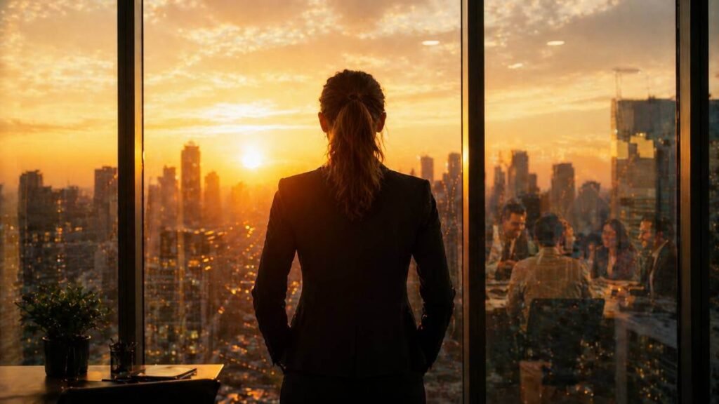 Uma líder observando o futuro, simbolizando a nova fronteira da liderança focada em propósito e na gestão dos riscos psicossociais no trabalho.