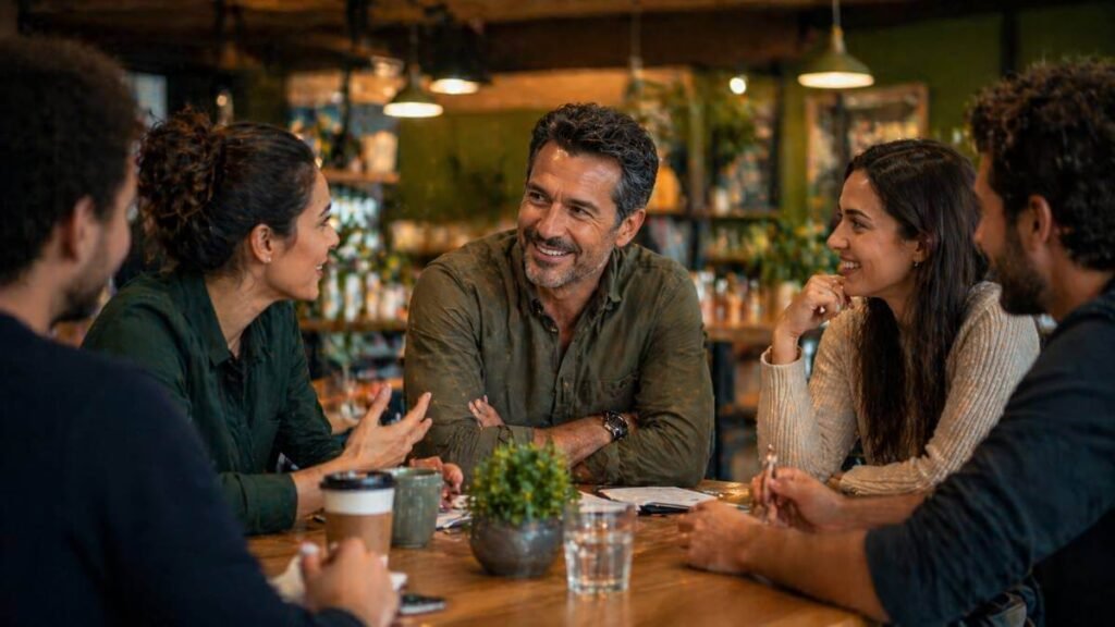 Um líder humanizado conectando-se com sua equipe em um momento informal, essencial para mitigar os riscos psicossociais no trabalho.