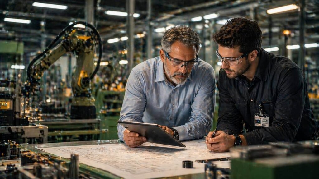 Um líder sênior demonstrando competência técnica e colaborando com um engenheiro no chão de fábrica, um pilar contra os riscos psicossociais.