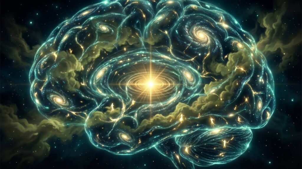 O universo observável visualizado como um vasto cérebro cósmico luminoso, onde galáxias formam caminhos neurais e figuras humanas são pequenas centelhas dessa consciência maior.