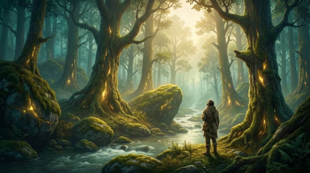 Uma floresta antiga ao amanhecer onde árvores, pedras e o rio emitem uma suave luz dourada interna, observada com reverência por uma figura humana.
