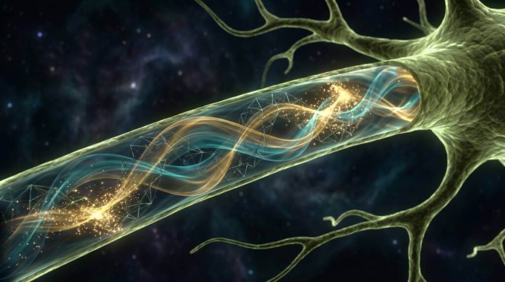 Visão microscópica do interior de um neurônio, mostrando microtúbulos onde ondas quânticas de luz dourada e azul colapsam, gerando consciência.