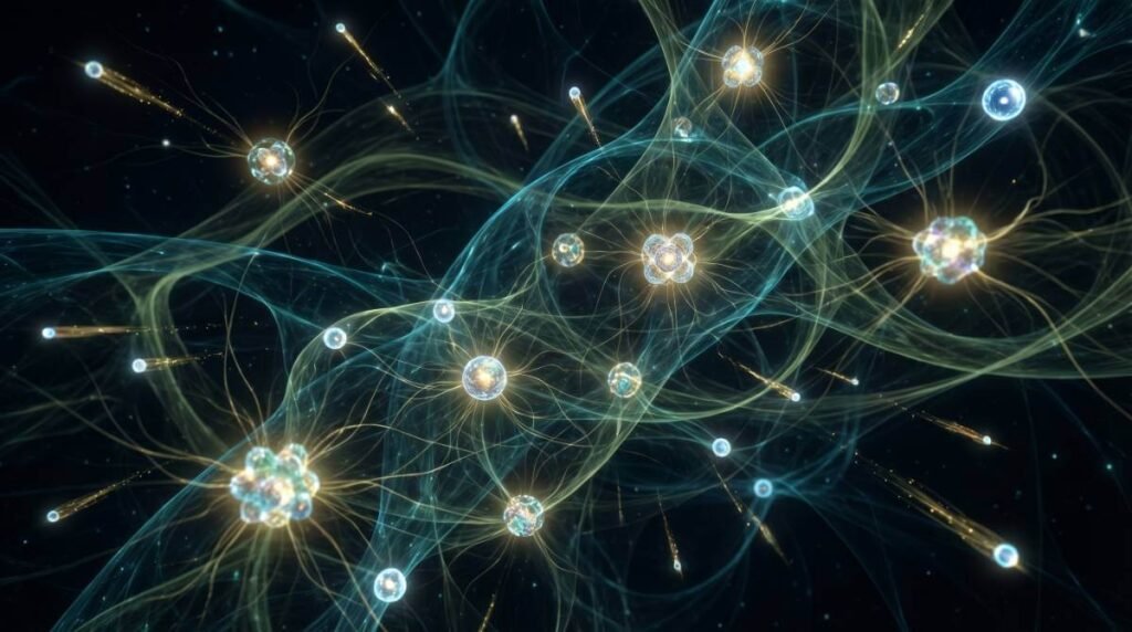 Visualização quântica de partículas subatômicas brilhantes conectadas por fios de energia, cada uma emitindo um brilho interno que sugere uma proto-consciência.