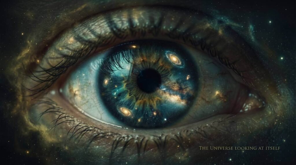 Um olho humano hiper-detalhado cuja íris reflete o cosmos inteiro, incluindo galáxias e nebulosas, simbolizando o universo ganhando autoconsciência.