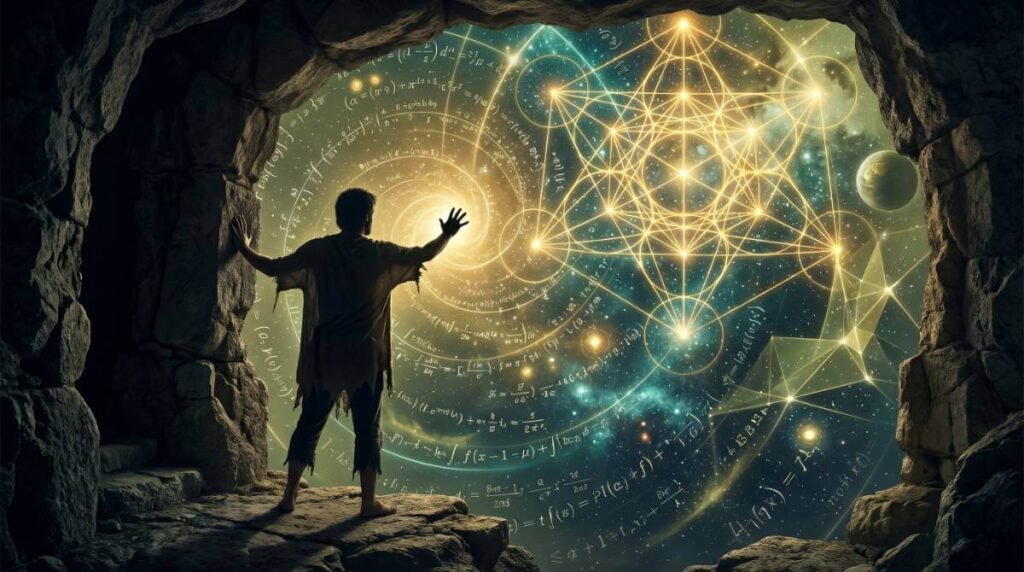 Uma figura humana saindo da caverna escura em direção a um cosmos luminoso feito de estruturas matemáticas e luz dourada.