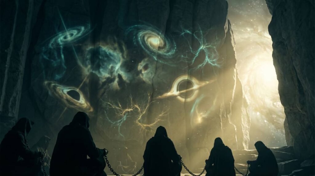 Prisioneiros em uma caverna escura observando sombras de galáxias e buracos negros projetadas na parede, uma metáfora para o Princípio Holográfico.