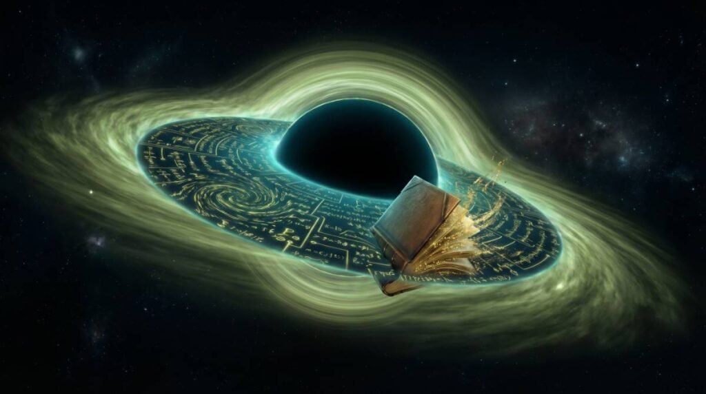Um livro caindo em um buraco negro, com suas páginas se dissolvendo em dados dourados que ficam codificados na superfície 2D do horizonte de eventos.