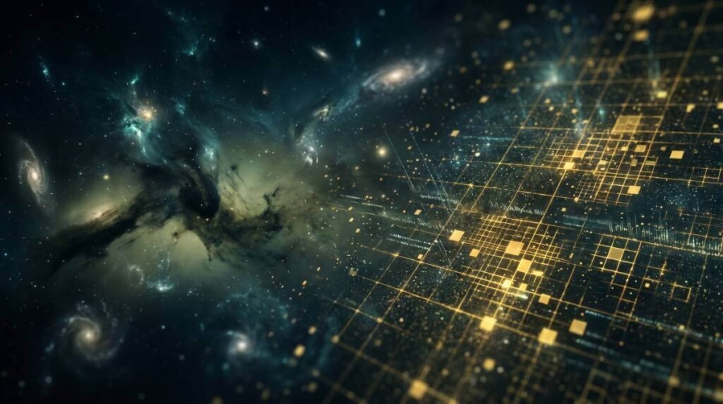 O tecido contínuo do espaço-tempo se dissolvendo em uma grade de pixels dourados de informação quântica na escala microscópica.