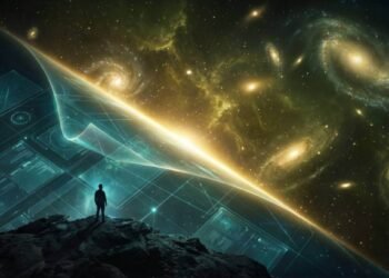 Ilustração cinematográfica de uma silhueta humana observando o universo sendo projetado a partir de uma superfície bidimensional de informações, representando o Princípio Holográfico.