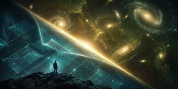 Ilustração cinematográfica de uma silhueta humana observando o universo sendo projetado a partir de uma superfície bidimensional de informações, representando o Princípio Holográfico.