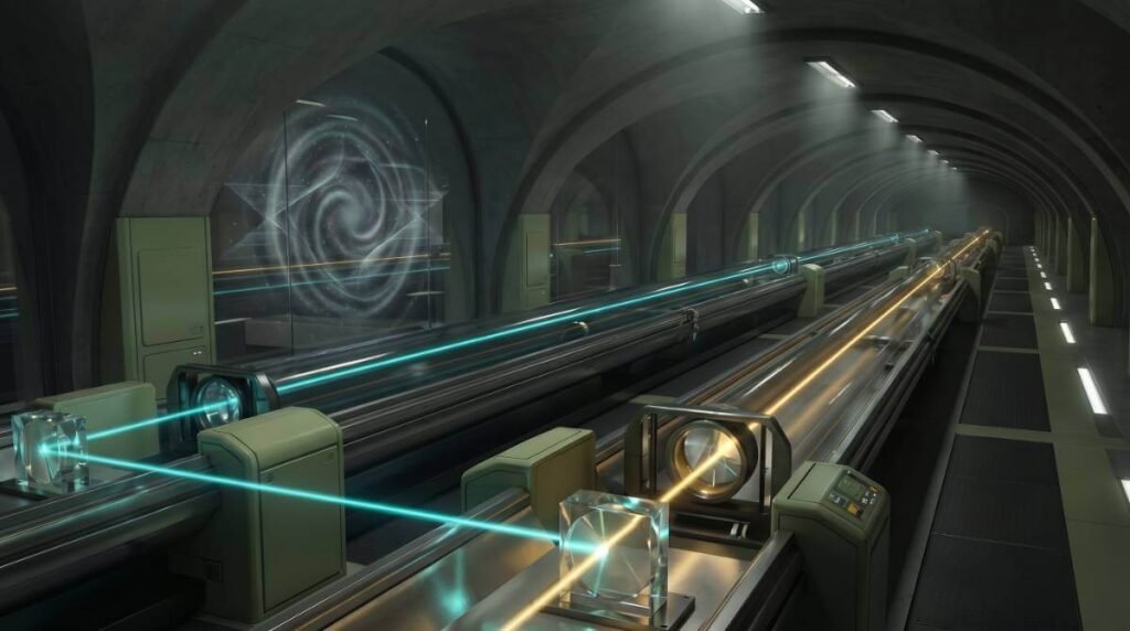 Lasers de precisão em um laboratório moderno do Fermilab, buscando detectar o ruído holográfico no tecido do espaço-tempo.