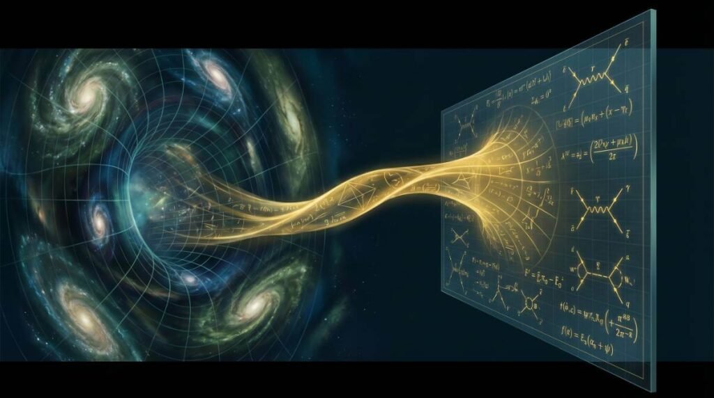 Uma ponte dourada conectando um universo 5D com gravidade a uma fronteira 4D plana com equações quânticas, representando a dualidade AdS/CFT.