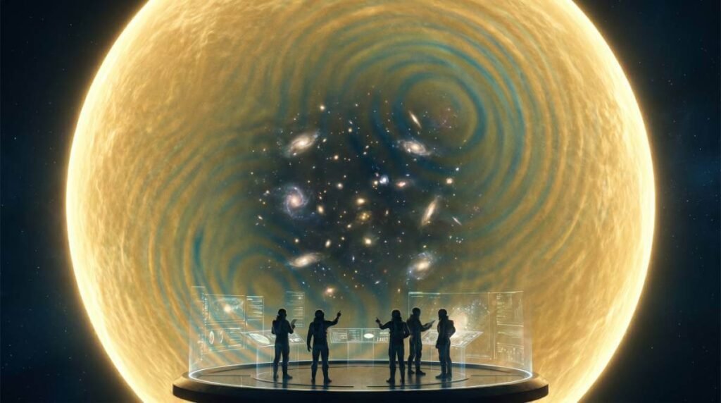 Cientistas analisando a esfera brilhante da Radiação Cósmica de Fundo, procurando anomalias que indiquem uma origem holográfica do universo.