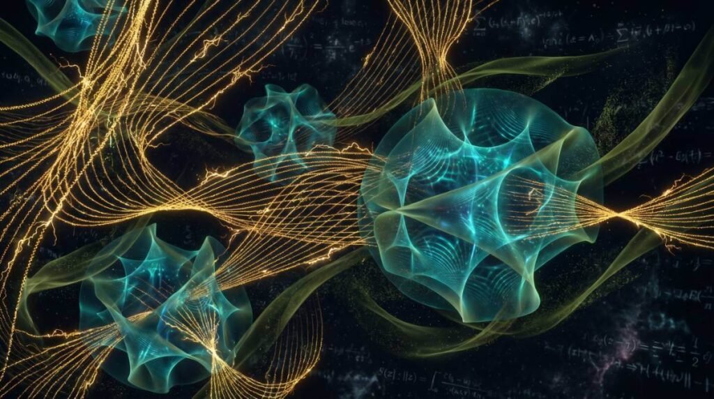 Cordas vibrantes de energia dourada existindo em múltiplas dimensões complexas, representando a base matemática do Princípio Holográfico.