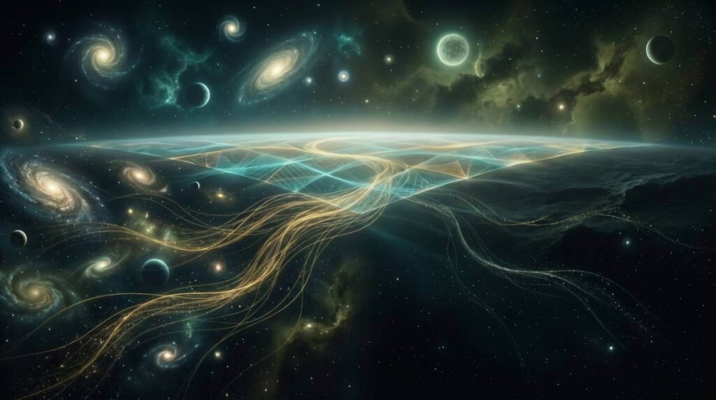 Uma paisagem cósmica sendo renderizada por fluxos de dados quânticos dourados a partir de uma superfície bidimensional distante.