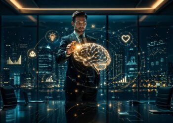 Um líder visionário gerenciando os riscos psicossociais no trabalho através de uma interface holográfica, transformando saúde mental em alta performance.