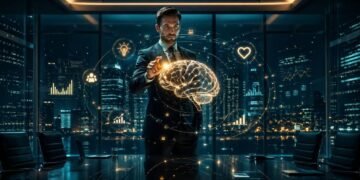 Um líder visionário gerenciando os riscos psicossociais no trabalho através de uma interface holográfica, transformando saúde mental em alta performance.