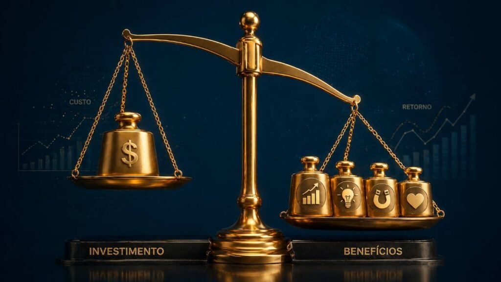 Infográfico mostrando o ROI da saúde mental, onde os benefícios em produtividade e inovação superam o investimento nos riscos psicossociais no trabalho.