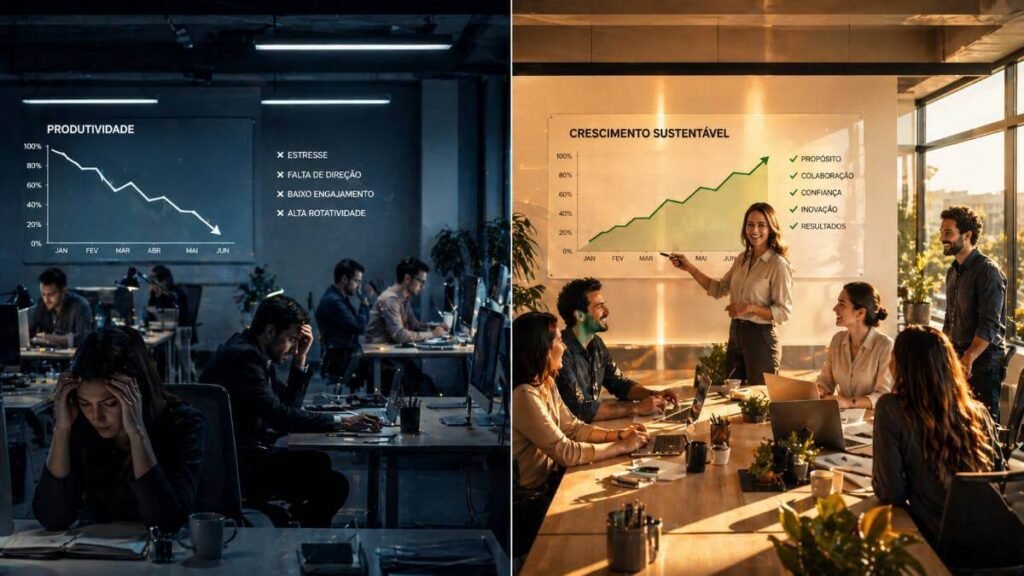 Contraste entre um ambiente de trabalho tóxico e um com segurança psicológica, mostrando o impacto nos riscos psicossociais no trabalho.