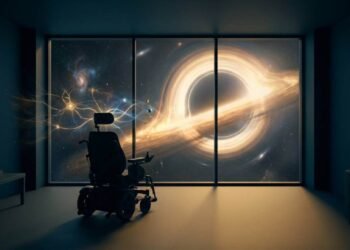 Banner do livro Uma Breve História do Tempo, mostrando uma cadeira de rodas vazia de frente para uma janela que se abre para um buraco negro no espaço.